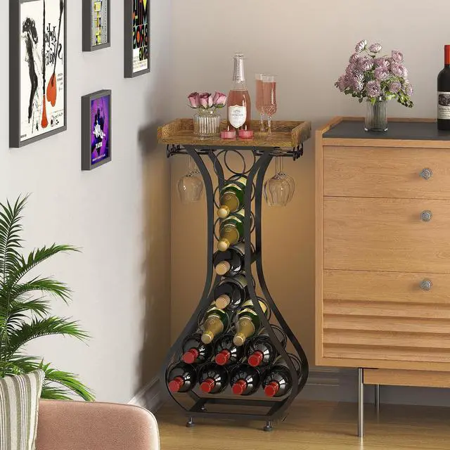 Alt view image 6 of 7 - X-cosrack Wine Rack Freestanding Floor, Mini Bar Table Wine Holder Stand Liquor Cabinet with Glass Holder Wood Tabletop 14 Bottles Floor Wine Storage for Home Bar Kitchen Living Room