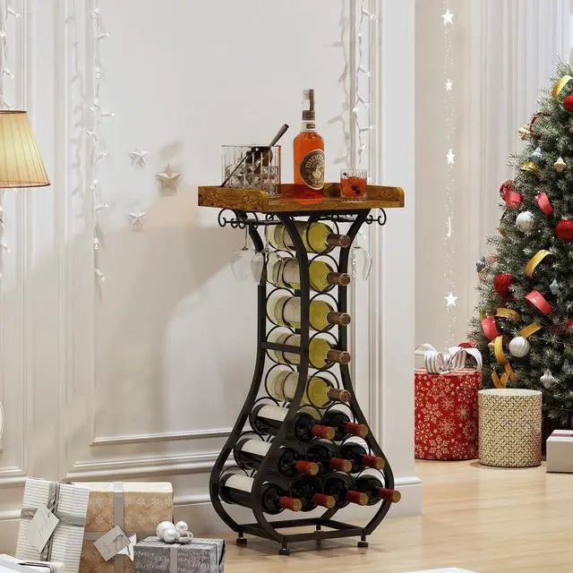Alt view image 7 of 7 - X-cosrack Wine Rack Freestanding Floor, Mini Bar Table Wine Holder Stand Liquor Cabinet with Glass Holder Wood Tabletop 14 Bottles Floor Wine Storage for Home Bar Kitchen Living Room