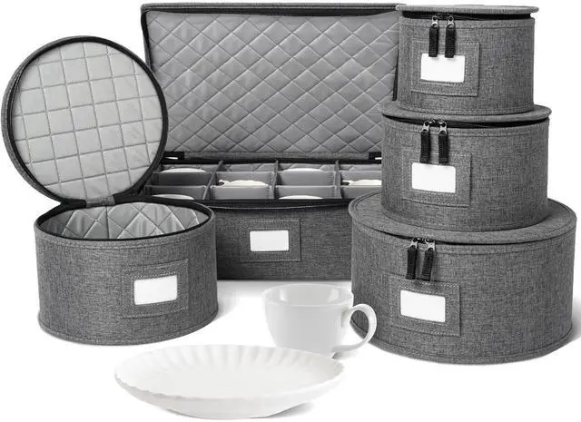 Main image of storageLAB China Storage Containers, Hard Shell Case with Felt Dividers for Charger Plates, and Dishes, Ideal for Kitchen Organization, Moving Supplies, and Fine China Storage - 5-Piece Set, Gray