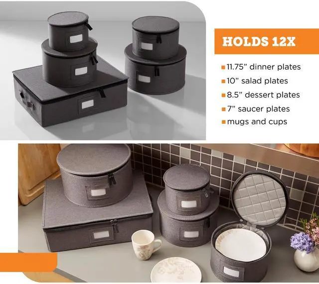 Alt view image 3 of 7 - storageLAB China Storage Containers, Hard Shell Case with Felt Dividers for Charger Plates, and Dishes, Ideal for Kitchen Organization, Moving Supplies, and Fine China Storage - 5-Piece Set, Gray