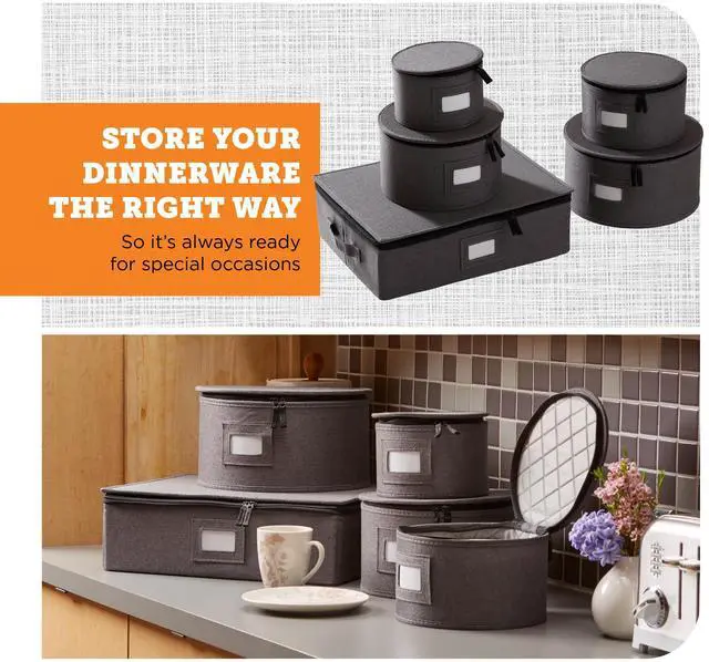 Alt view image 2 of 7 - storageLAB China Storage Containers, Hard Shell Case with Felt Dividers for Charger Plates, and Dishes, Ideal for Kitchen Organization, Moving Supplies, and Fine China Storage - 5-Piece Set, Gray