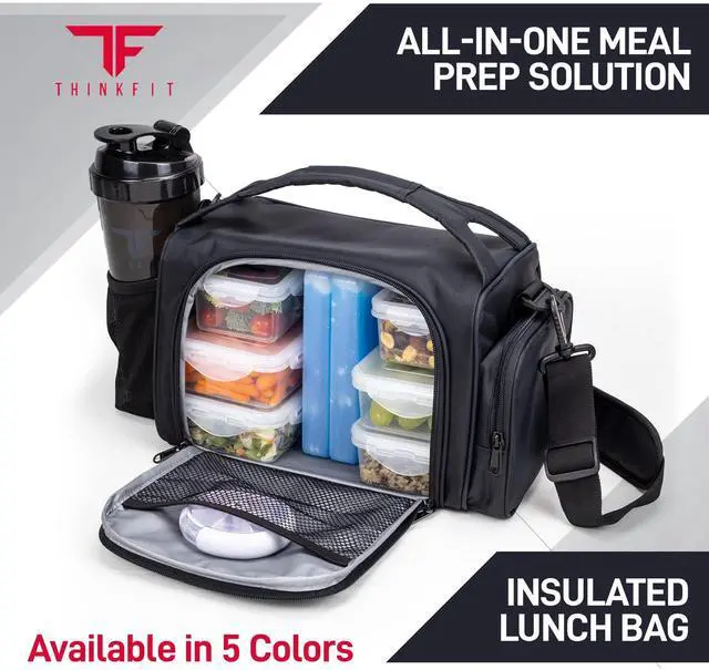 Alt view image 3 of 7 - ThinkFit Insulated Meal Prep Lunch Box with 6 BPA-Free, Reusable, Microwavable, Freezer Safe Food Portion-Control Containers, Shaker Cup, Pill Organizer, Lunch Bag with Storage Pocket - (Black)