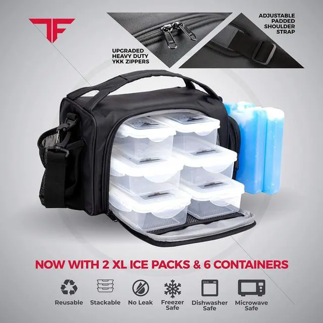Alt view image 4 of 7 - ThinkFit Insulated Meal Prep Lunch Box with 6 BPA-Free, Reusable, Microwavable, Freezer Safe Food Portion-Control Containers, Shaker Cup, Pill Organizer, Lunch Bag with Storage Pocket - (Black)