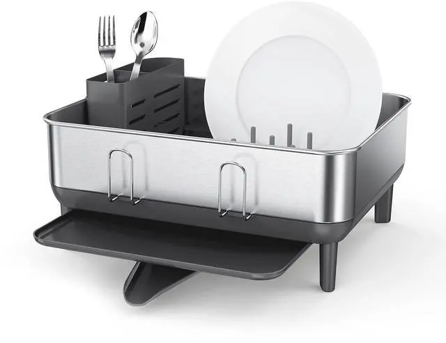 Main image of simplehuman Steel Frame Dishrack, Compact Dish Drying Rack for Small Kitchens, 360º Easy Drain Swivel Spout, Anti-Residue Coating, Moisture Control Surface, Brushed Stainless Steel