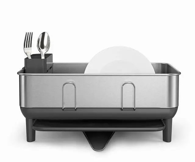 Alt view image 2 of 6 - simplehuman Steel Frame Dishrack, Compact Dish Drying Rack for Small Kitchens, 360º Easy Drain Swivel Spout, Anti-Residue Coating, Moisture Control Surface, Brushed Stainless Steel