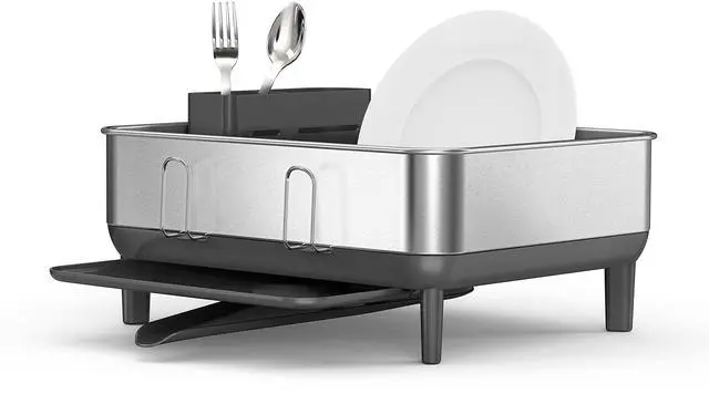 Alt view image 3 of 6 - simplehuman Steel Frame Dishrack, Compact Dish Drying Rack for Small Kitchens, 360º Easy Drain Swivel Spout, Anti-Residue Coating, Moisture Control Surface, Brushed Stainless Steel