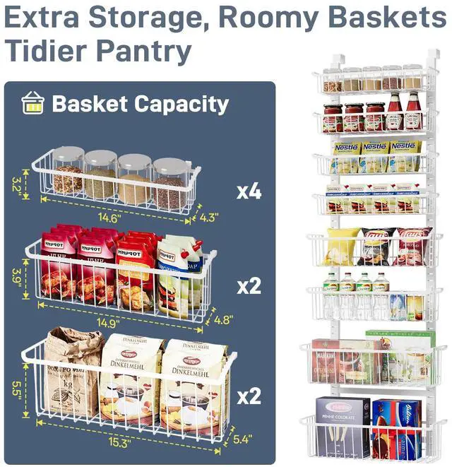 Alt view image 5 of 7 - Over The Door Pantry Organizer, 8-Tier Over The Door Organizer with Adjustable Baskets, Metal Hanging Spice Rack for Pantry Organizers and Storage, Suitable for Kitchen Laundry Room & Bathroom, White