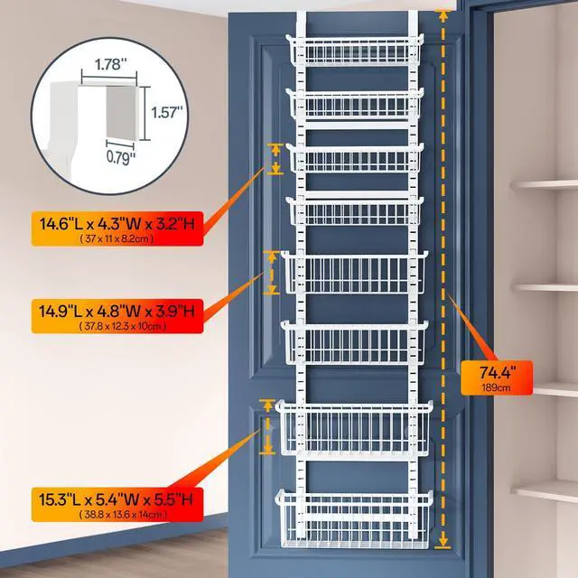 Alt view image 3 of 7 - Over The Door Pantry Organizer, 8-Tier Over The Door Organizer with Adjustable Baskets, Metal Hanging Spice Rack for Pantry Organizers and Storage, Suitable for Kitchen Laundry Room & Bathroom, White