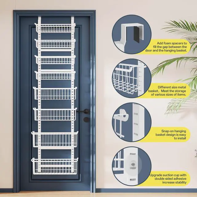 Alt view image 4 of 7 - Over The Door Pantry Organizer, 8-Tier Over The Door Organizer with Adjustable Baskets, Metal Hanging Spice Rack for Pantry Organizers and Storage, Suitable for Kitchen Laundry Room & Bathroom, White
