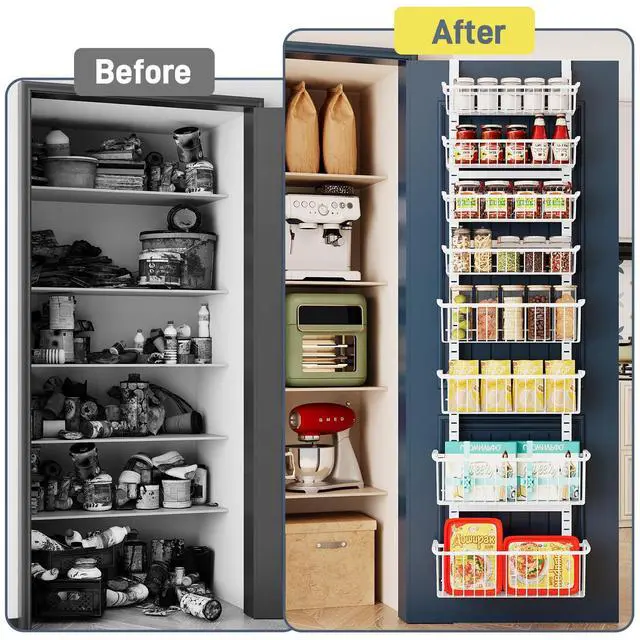Alt view image 7 of 7 - Over The Door Pantry Organizer, 8-Tier Over The Door Organizer with Adjustable Baskets, Metal Hanging Spice Rack for Pantry Organizers and Storage, Suitable for Kitchen Laundry Room & Bathroom, White