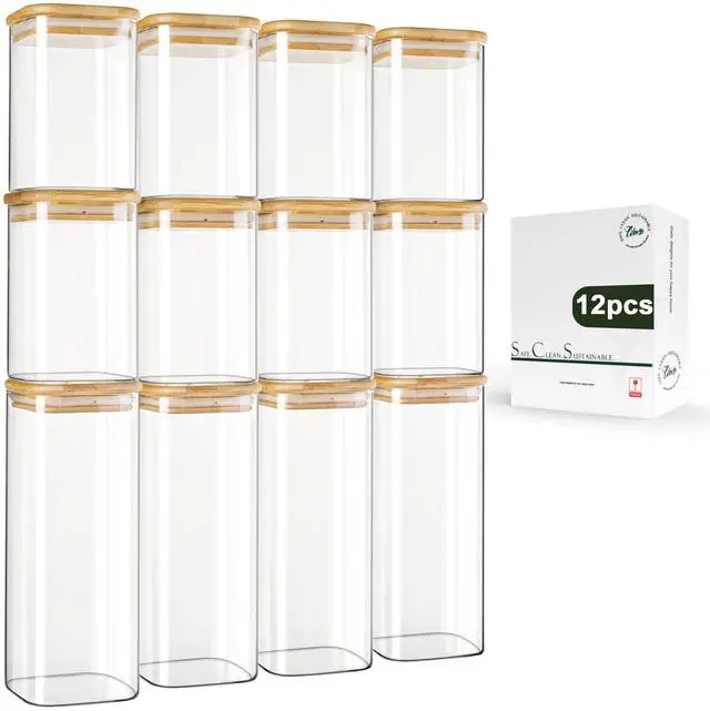 Main image of LIBWYS 12-Pack Square Glass Storage Jars with Bamboo Lids (0.6Qt/1.06Qt) - Stackable Food Containers for Pantry Organization, Coffee, Flour, Snacks, Tea | Kitchen Canisters Set