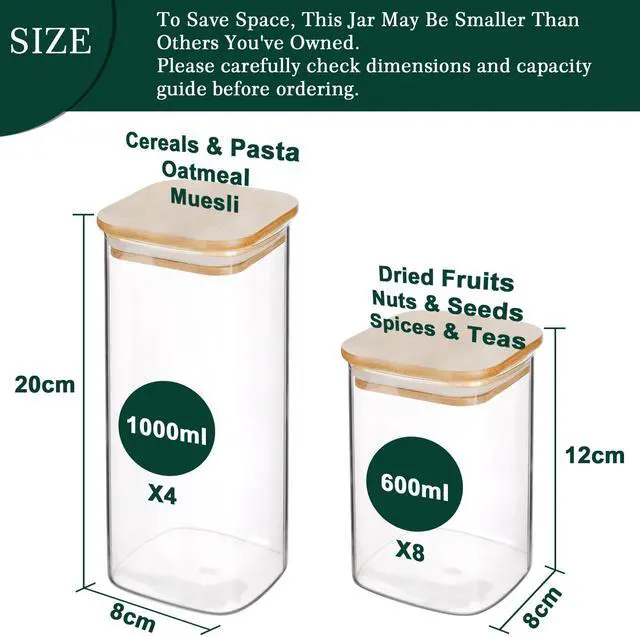 Alt view image 2 of 7 - LIBWYS 12-Pack Square Glass Storage Jars with Bamboo Lids (0.6Qt/1.06Qt) - Stackable Food Containers for Pantry Organization, Coffee, Flour, Snacks, Tea | Kitchen Canisters Set