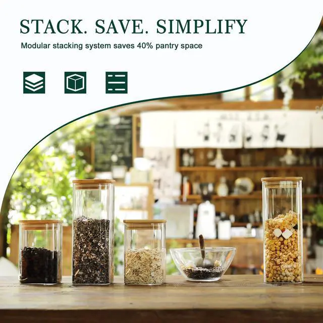Alt view image 4 of 7 - LIBWYS 12-Pack Square Glass Storage Jars with Bamboo Lids (0.6Qt/1.06Qt) - Stackable Food Containers for Pantry Organization, Coffee, Flour, Snacks, Tea | Kitchen Canisters Set