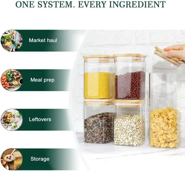 Alt view image 7 of 7 - LIBWYS 12-Pack Square Glass Storage Jars with Bamboo Lids (0.6Qt/1.06Qt) - Stackable Food Containers for Pantry Organization, Coffee, Flour, Snacks, Tea | Kitchen Canisters Set