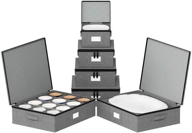 Main image of SpaceAid China Storage Containers 6 Pack, Stackable Hard Shell Quilted Cases with Soft Plate Separators, Moving Supplies Packing Boxes for Dishes, Plates, Platters, Mugs, Cups (Grey)