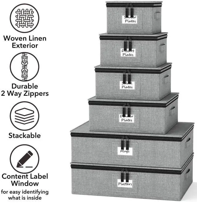 Alt view image 4 of 7 - SpaceAid China Storage Containers 6 Pack, Stackable Hard Shell Quilted Cases with Soft Plate Separators, Moving Supplies Packing Boxes for Dishes, Plates, Platters, Mugs, Cups (Grey)