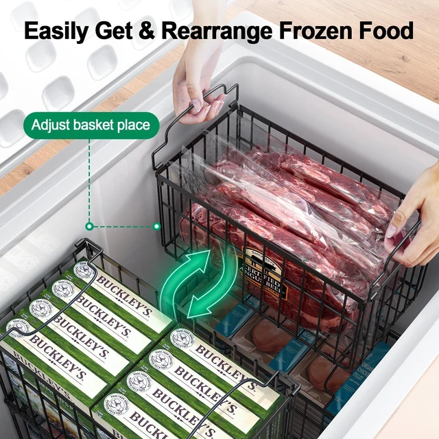 Alt view image 4 of 7 - Freezer Organizer Bins, 6 Pack Big Baskets for 5/ 7 Cu.FT Deep Freezer | Stackable Chest Freezer Organizer Bins, Foldable Baskets with Handles, Black Storage Container Baskets for Sort Frozen Meats