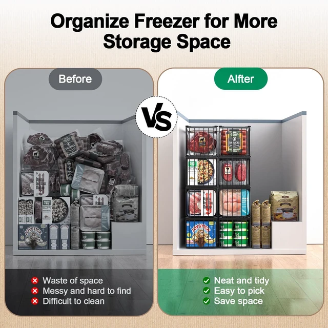 Alt view image 6 of 7 - Freezer Organizer Bins, 6 Pack Big Baskets for 5/ 7 Cu.FT Deep Freezer | Stackable Chest Freezer Organizer Bins, Foldable Baskets with Handles, Black Storage Container Baskets for Sort Frozen Meats