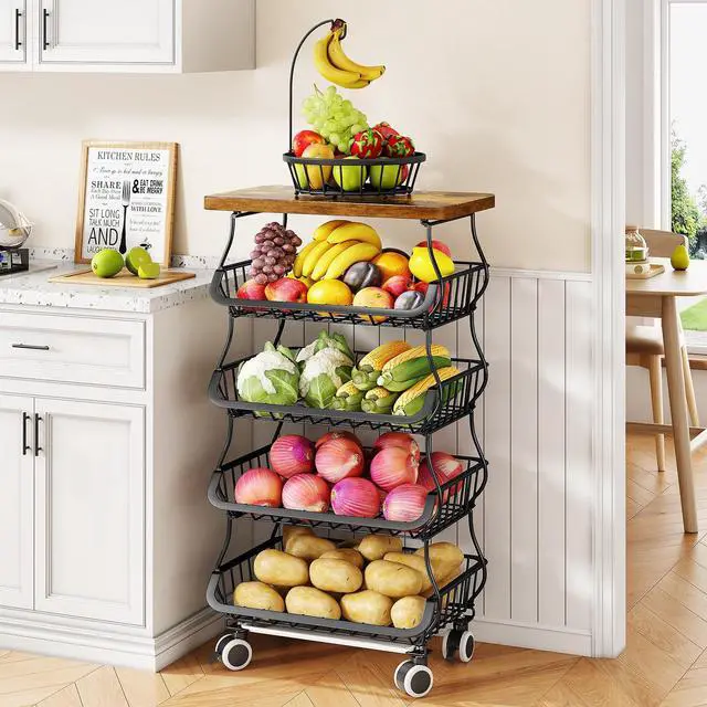 Main image of SAYZH Fruit Basket Kitchen Pantry Organizers and Storage - Wooden Top Table, Stackable Metal Wire Basket Stand Cart for Fruit Vegetable Snacks Onion Potato Organization (Black, 5 Tiers)
