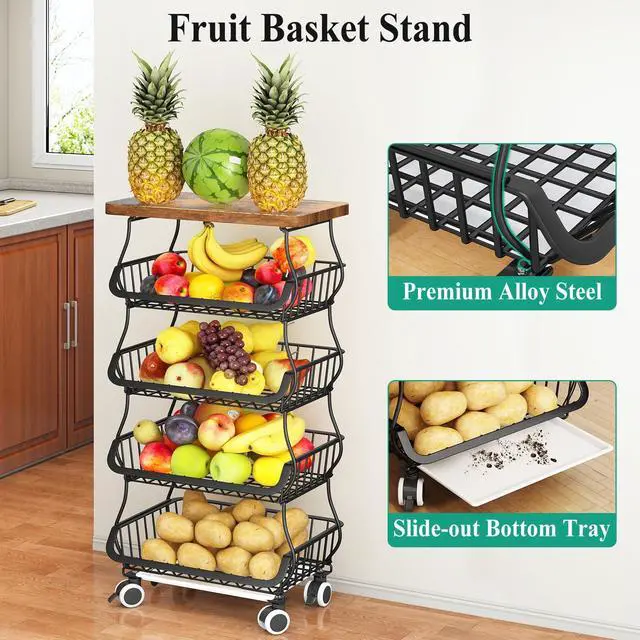 Alt view image 2 of 7 - SAYZH Fruit Basket Kitchen Pantry Organizers and Storage - Wooden Top Table, Stackable Metal Wire Basket Stand Cart for Fruit Vegetable Snacks Onion Potato Organization (Black, 5 Tiers)