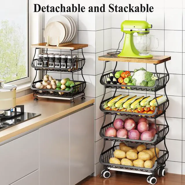 Alt view image 4 of 7 - SAYZH Fruit Basket Kitchen Pantry Organizers and Storage - Wooden Top Table, Stackable Metal Wire Basket Stand Cart for Fruit Vegetable Snacks Onion Potato Organization (Black, 5 Tiers)