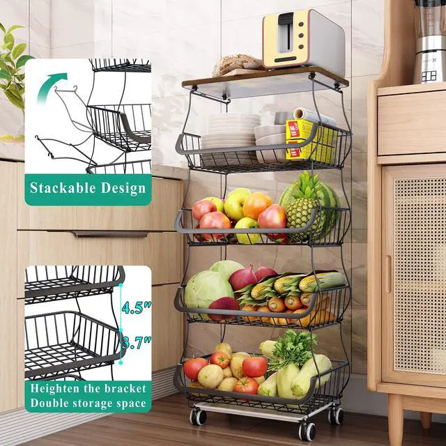Alt view image 3 of 7 - SAYZH Fruit Basket Kitchen Pantry Organizers and Storage - Wooden Top Table, Stackable Metal Wire Basket Stand Cart for Fruit Vegetable Snacks Onion Potato Organization (Black, 5 Tiers)