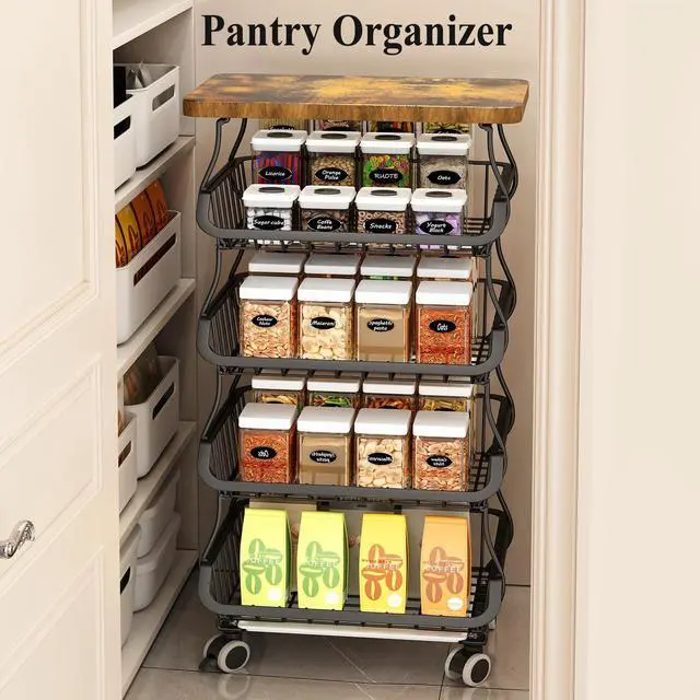 Alt view image 5 of 7 - SAYZH Fruit Basket Kitchen Pantry Organizers and Storage - Wooden Top Table, Stackable Metal Wire Basket Stand Cart for Fruit Vegetable Snacks Onion Potato Organization (Black, 5 Tiers)