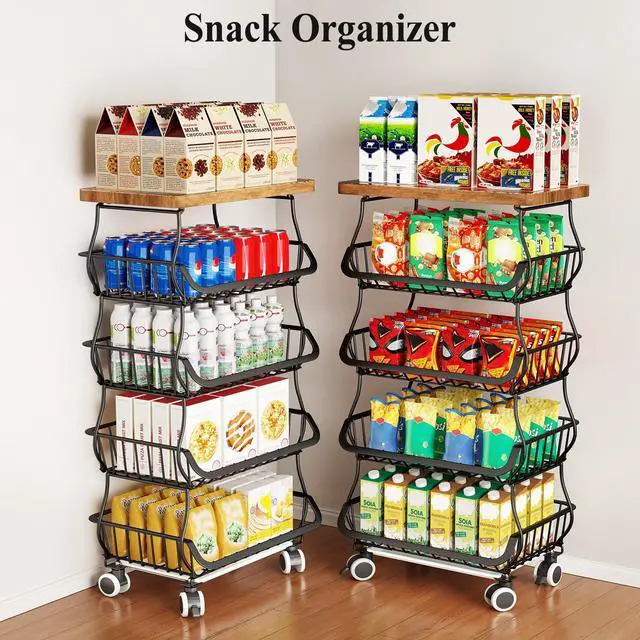 Alt view image 6 of 7 - SAYZH Fruit Basket Kitchen Pantry Organizers and Storage - Wooden Top Table, Stackable Metal Wire Basket Stand Cart for Fruit Vegetable Snacks Onion Potato Organization (Black, 5 Tiers)