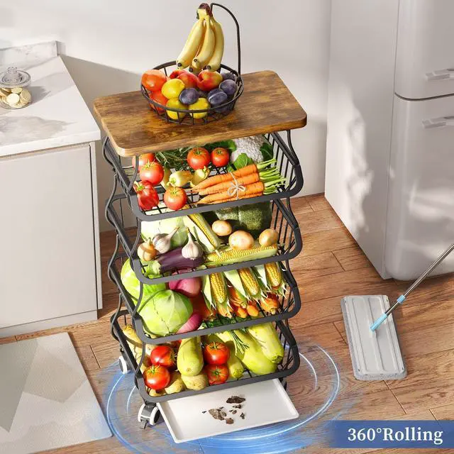 Alt view image 7 of 7 - SAYZH Fruit Basket Kitchen Pantry Organizers and Storage - Wooden Top Table, Stackable Metal Wire Basket Stand Cart for Fruit Vegetable Snacks Onion Potato Organization (Black, 5 Tiers)