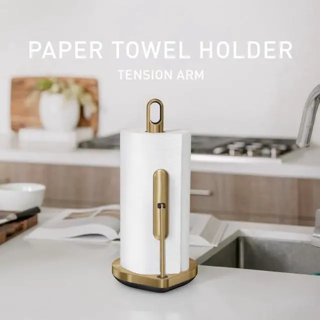 Alt view image 2 of 4 - simplehuman Tension Arm Countertop Paper Towel Holder, Easy One-Handed Tear, Standing Weighted Base with Finger Loop, Heavy Duty, Brass Stainless Steel
