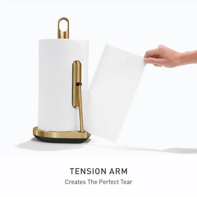 Alt view image 3 of 4 - simplehuman Tension Arm Countertop Paper Towel Holder, Easy One-Handed Tear, Standing Weighted Base with Finger Loop, Heavy Duty, Brass Stainless Steel