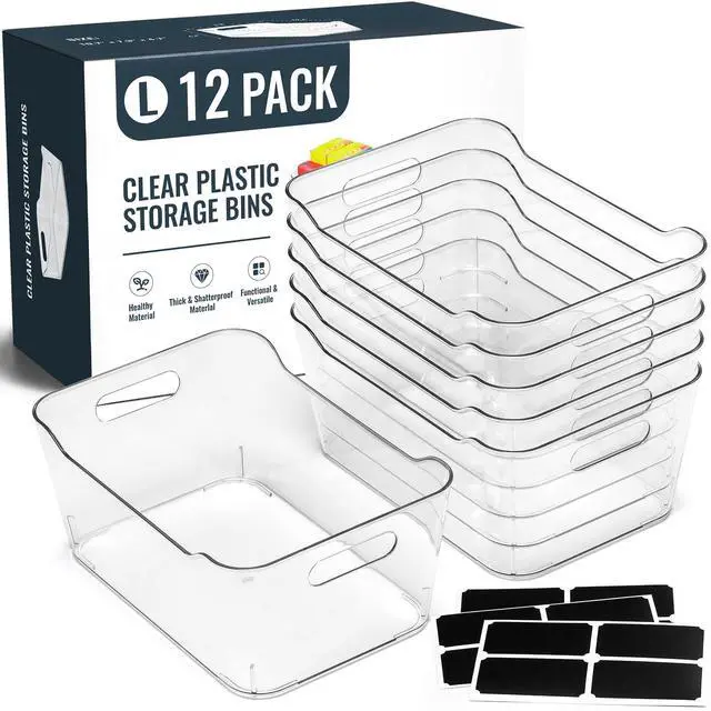 Main image of 12 PACK Multi-Use Clear Plastic Storage Bins for Organizing w/Labels - Home, Kitchen, Pantry, Bathroom, Office, Cabinet Shelf Organizer Bins - SOHO Collection, RV, Fridge Organization Containers - L