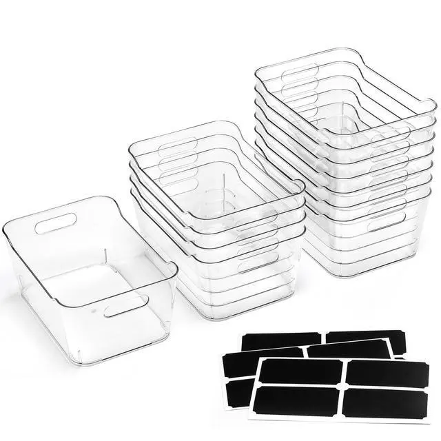 Alt view image 2 of 7 - 12 PACK Multi-Use Clear Plastic Storage Bins for Organizing w/Labels - Home, Kitchen, Pantry, Bathroom, Office, Cabinet Shelf Organizer Bins - SOHO Collection, RV, Fridge Organization Containers - L