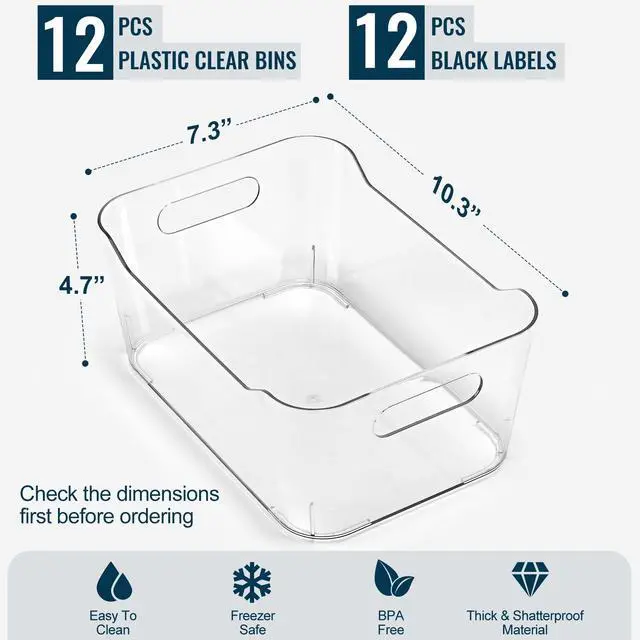Alt view image 7 of 7 - 12 PACK Multi-Use Clear Plastic Storage Bins for Organizing w/Labels - Home, Kitchen, Pantry, Bathroom, Office, Cabinet Shelf Organizer Bins - SOHO Collection, RV, Fridge Organization Containers - L