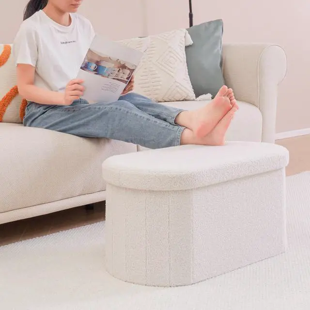 Alt view image 7 of 7 - B FSOBEIIALEO Ottoman with Storage for Living Room, Sherpa Folding Storage Ottoman Foot Rest, 30 Inches Collapsible Bedroom Bench White Cream