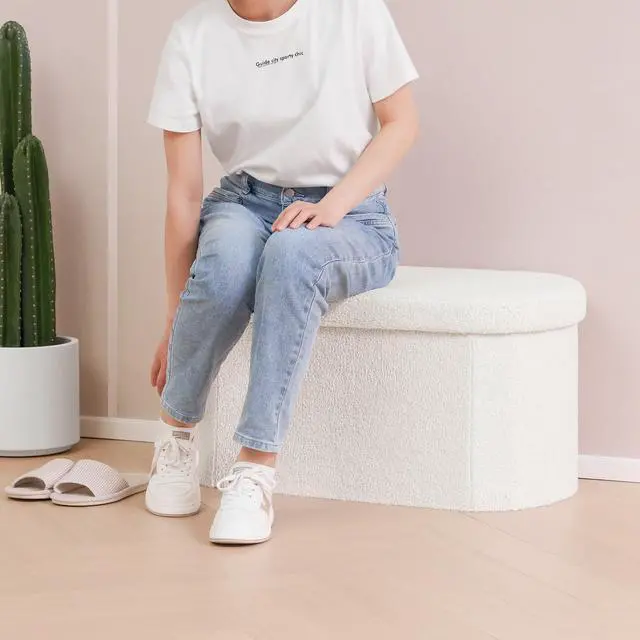 Alt view image 6 of 7 - B FSOBEIIALEO Ottoman with Storage for Living Room, Sherpa Folding Storage Ottoman Foot Rest, 30 Inches Collapsible Bedroom Bench White Cream