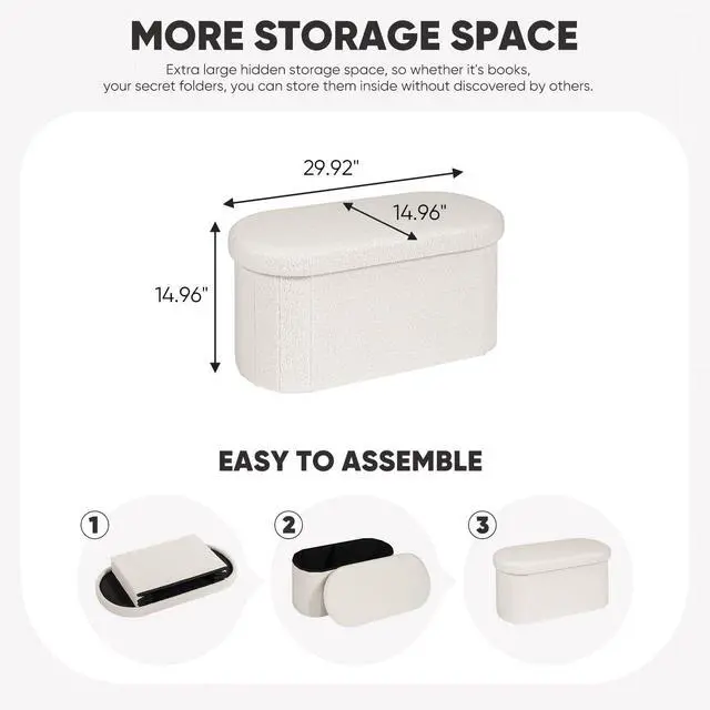 Alt view image 4 of 7 - B FSOBEIIALEO Ottoman with Storage for Living Room, Sherpa Folding Storage Ottoman Foot Rest, 30 Inches Collapsible Bedroom Bench White Cream