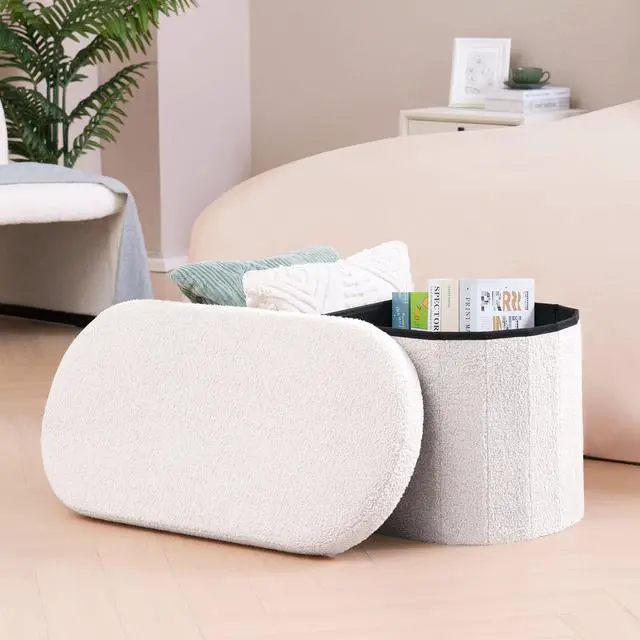Alt view image 2 of 7 - B FSOBEIIALEO Ottoman with Storage for Living Room, Sherpa Folding Storage Ottoman Foot Rest, 30 Inches Collapsible Bedroom Bench White Cream