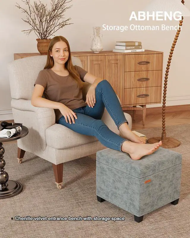 Alt view image 2 of 6 - ABHENG Chenille Cover Steel Frame Ottoman with 48L Storage,17.7" x 17.7" x 17.7" Square Linen Storage Ottoman Stool Cube with Legs,for Dorm Livingroom Gray UASND641G