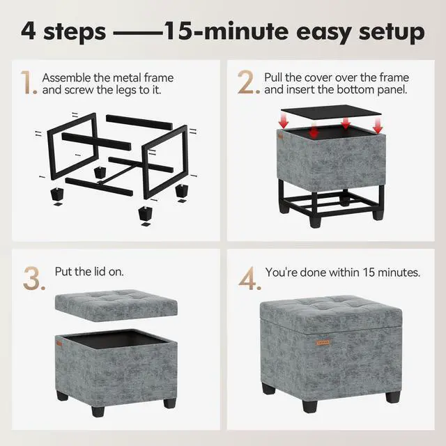 Alt view image 4 of 6 - ABHENG Chenille Cover Steel Frame Ottoman with 48L Storage,17.7" x 17.7" x 17.7" Square Linen Storage Ottoman Stool Cube with Legs,for Dorm Livingroom Gray UASND641G