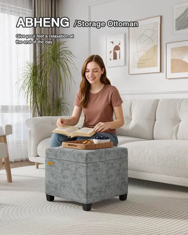 Alt view image 5 of 6 - ABHENG Chenille Cover Steel Frame Ottoman with 48L Storage,17.7" x 17.7" x 17.7" Square Linen Storage Ottoman Stool Cube with Legs,for Dorm Livingroom Gray UASND641G
