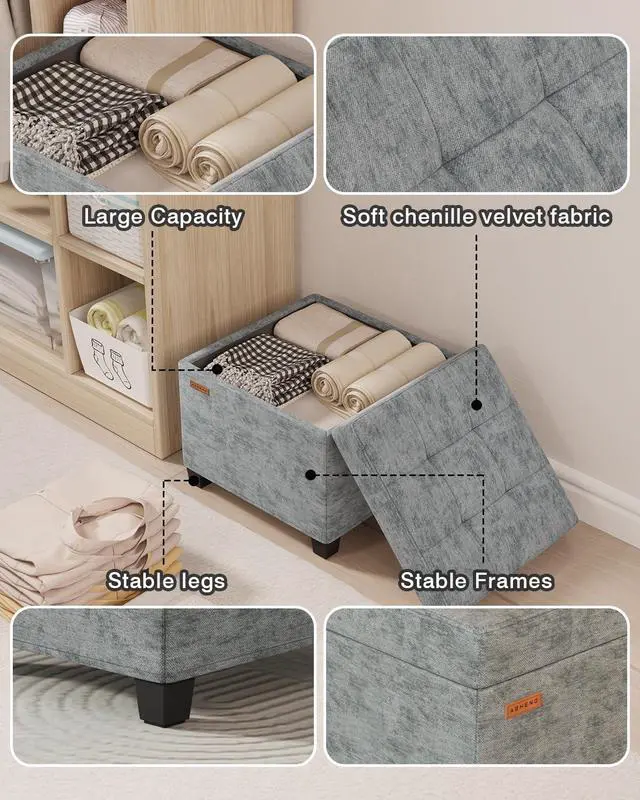 Alt view image 6 of 6 - ABHENG Chenille Cover Steel Frame Ottoman with 48L Storage,17.7" x 17.7" x 17.7" Square Linen Storage Ottoman Stool Cube with Legs,for Dorm Livingroom Gray UASND641G