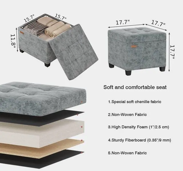 Alt view image 3 of 6 - ABHENG Chenille Cover Steel Frame Ottoman with 48L Storage,17.7" x 17.7" x 17.7" Square Linen Storage Ottoman Stool Cube with Legs,for Dorm Livingroom Gray UASND641G