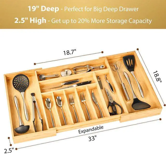 Alt view image 2 of 6 - Umilife Extra Large Expandable Kitchen Siverware Utensils Drawer Organizer, 19" Deep for Big Drawer, Adjustable Bamboo Wood Drawer Divider with Curved Grooves, Cutlery Tray Flatware Holder