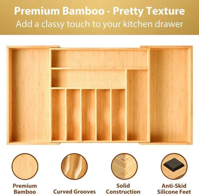 Alt view image 3 of 6 - Umilife Extra Large Expandable Kitchen Siverware Utensils Drawer Organizer, 19" Deep for Big Drawer, Adjustable Bamboo Wood Drawer Divider with Curved Grooves, Cutlery Tray Flatware Holder