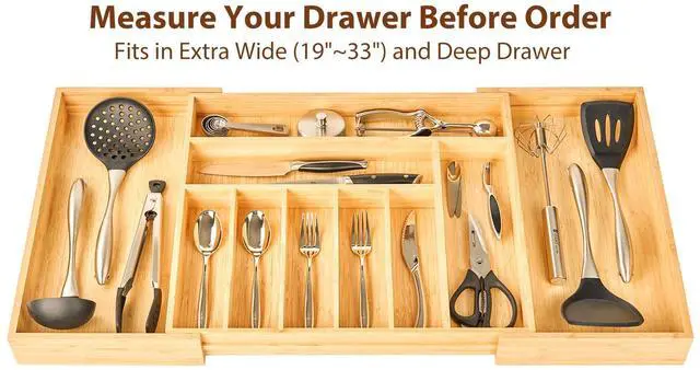 Alt view image 5 of 6 - Umilife Extra Large Expandable Kitchen Siverware Utensils Drawer Organizer, 19" Deep for Big Drawer, Adjustable Bamboo Wood Drawer Divider with Curved Grooves, Cutlery Tray Flatware Holder
