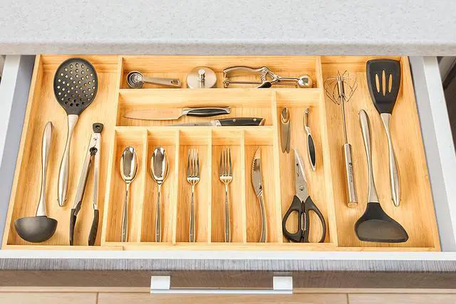Alt view image 6 of 6 - Umilife Extra Large Expandable Kitchen Siverware Utensils Drawer Organizer, 19" Deep for Big Drawer, Adjustable Bamboo Wood Drawer Divider with Curved Grooves, Cutlery Tray Flatware Holder