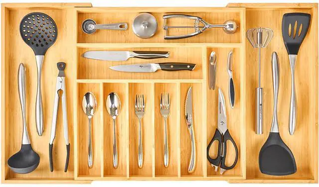 Main image of Umilife Extra Large Expandable Kitchen Siverware Utensils Drawer Organizer, 19" Deep for Big Drawer, Adjustable Bamboo Wood Drawer Divider with Curved Grooves, Cutlery Tray Flatware Holder