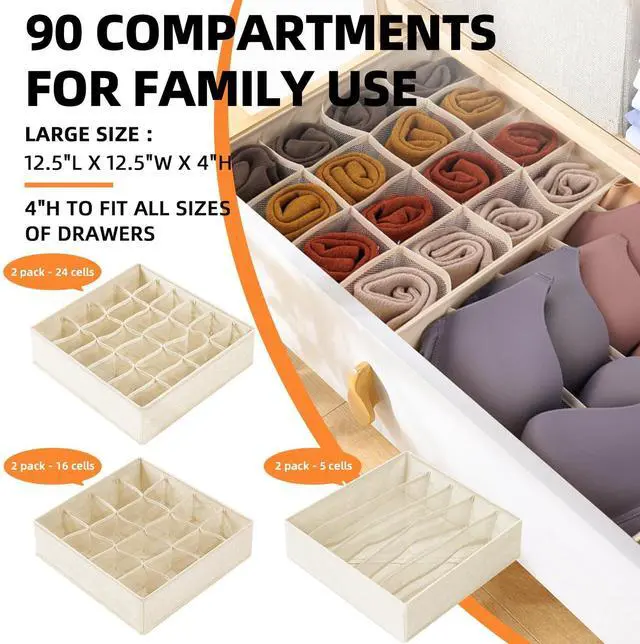 Alt view image 2 of 7 - Criusia 6 Pcs Drawer Organizer Clothes - 90 Cells Closet Organizers and Storage for Baby Nursery - Washable Fabric Dresser Organizer Dividers for Sock Underwear Bra Dorm Room Essentials (Beige)