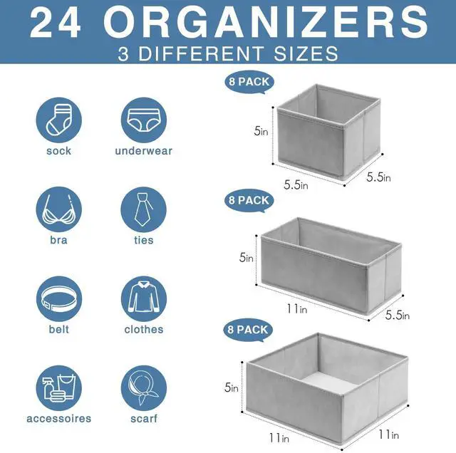 Alt view image 2 of 7 - Criusia Drawer Organizer Clothes 24 Pack, Fabric Closet Organizers and Storage Bins for Underwear Sock, Odorless Dresser Drawer Dividers for Baby Nursery Organization (Grey)
